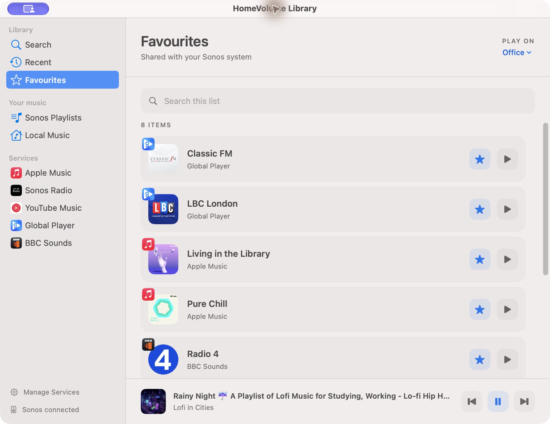 HomeVolume Library with saved Sonos favourites and Apple Music, Sonos Radio and YouTube Music in the sidebar