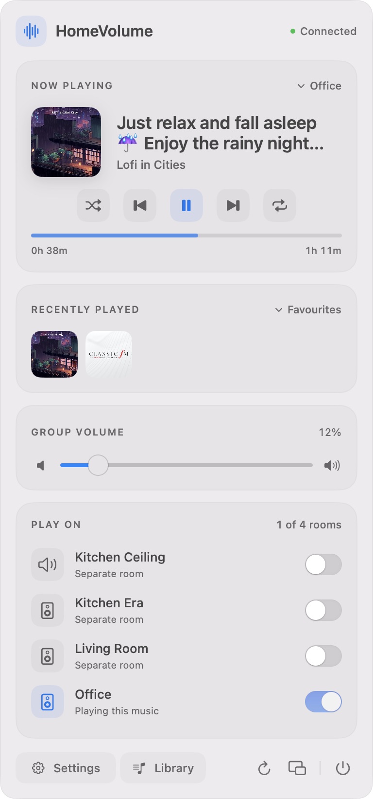 HomeVolume's open menu bar controller with current music, volume and speaker groups