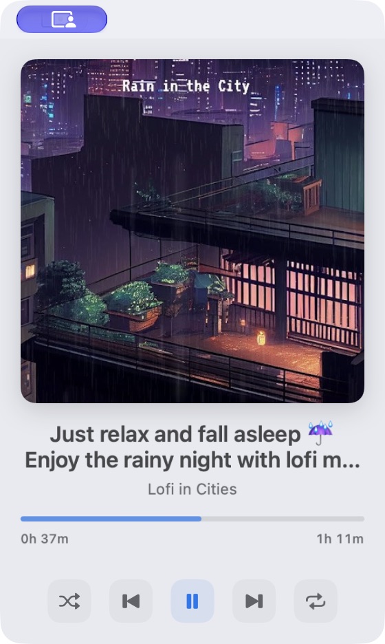 The floating mini player showing Rain in the City artwork and playback controls